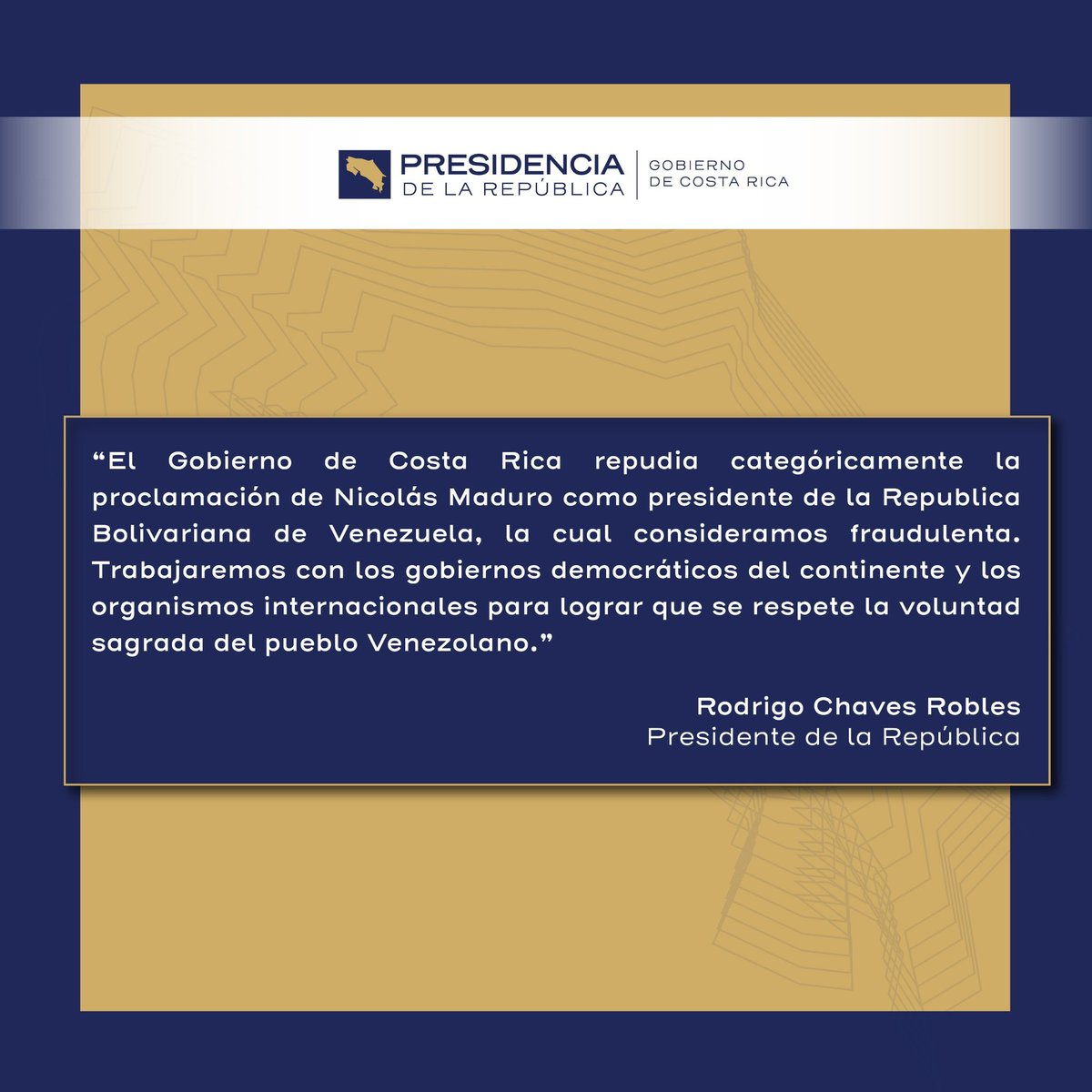 NoticiasRCN's tweet photo. #ATENCIÓN | Costa Rica anunció que "repudia categóricamente la proclamación de Nicolás Maduro como presidente de Venezuela" y asegura que la considera "fraudulenta". https://t.co/HKNi6KmtGO