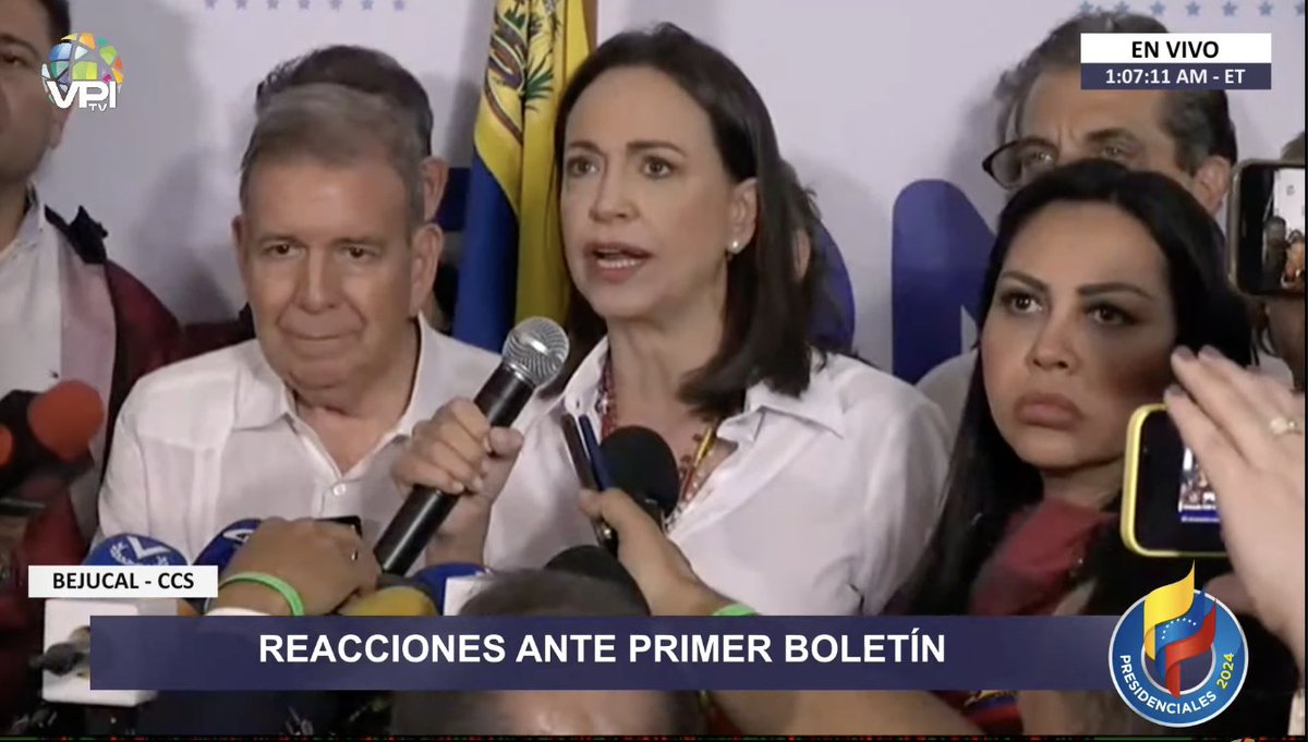 #ÚLTIMAHORA | María Corina Machado:

"Venezuela tiene nuevo presidente electo y se llama Edmundo González Urrutia. El triunfo ha sido absoluto. Ganamos en absolutamente todos lo estados del país".