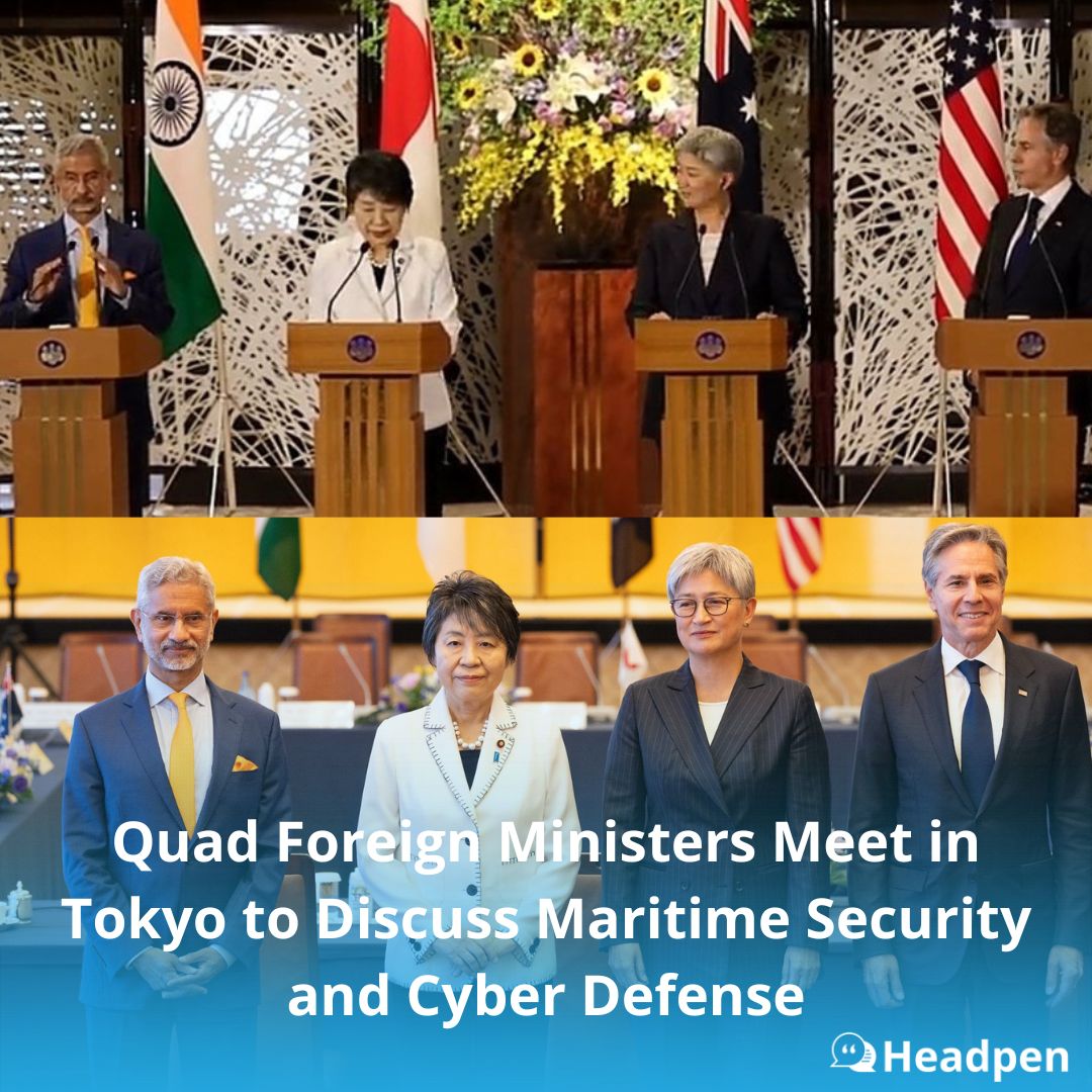 officialheadpen's tweet photo. #QuadForeignMinisters  Foreign ministers from Australia, India, Japan, and the United States met in Tokyo on Monday.

The discussions focused on enhancing maritime security.

They also worked on initiatives to strengthen cyber defense.

#Tokyo @DrSJaishankar @SenatorWong https://t.co/9c3XUauIou