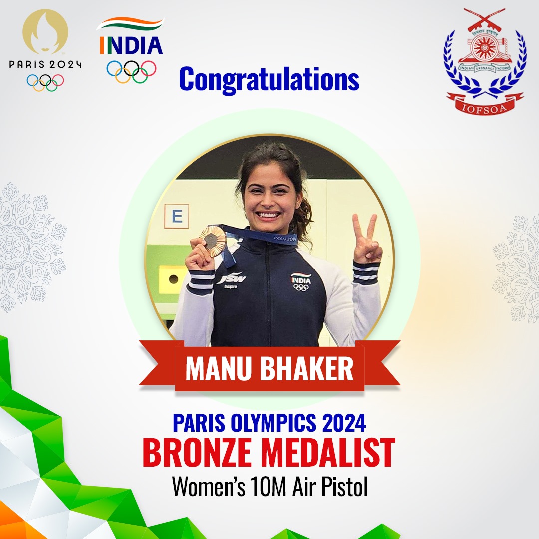 iofsoa's tweet image. Congratulations to #ManuBhaker for winning Bronze in Women’s 10m Air Pistol at #ParisOlympics2024 ! The Nation is incredibly proud of your achievement 
#IOFSOfficersAssociation #IOFSOA #OrdnanceFactories  #Paris2024 #IOFS #OlympicGames #Olympic2024 #Olympics2024Paris