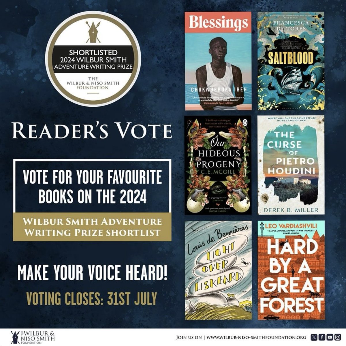 Only 2 days left to vote for your favourite book(s) on the Wilbur Smith Adventure Writing prize shortlist. If you enjoyed Saltblood, or any of the other wonderful books in this shortlist, you can vote here: bit.ly/3C2usBX Votes close 31st July. Thank you! x