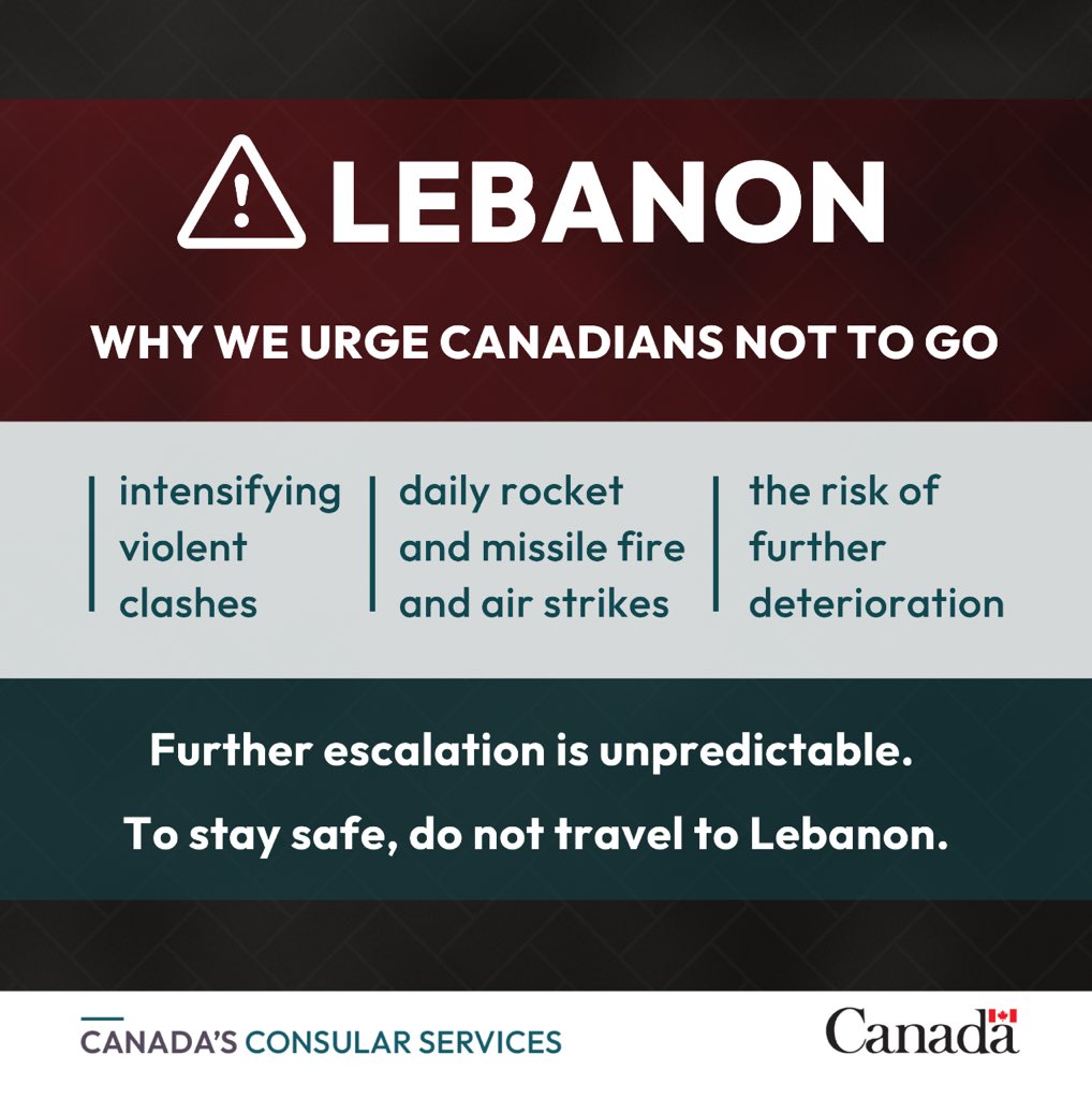 Do not travel to #Lebanon. Think about the potential consequences.
 
An escalation of the armed conflict is unpredictable. If it happens while you’re there, commercial options to leave could be cancelled entirely, leaving you stranded and in danger.

travel.gc.ca/destinations/l…