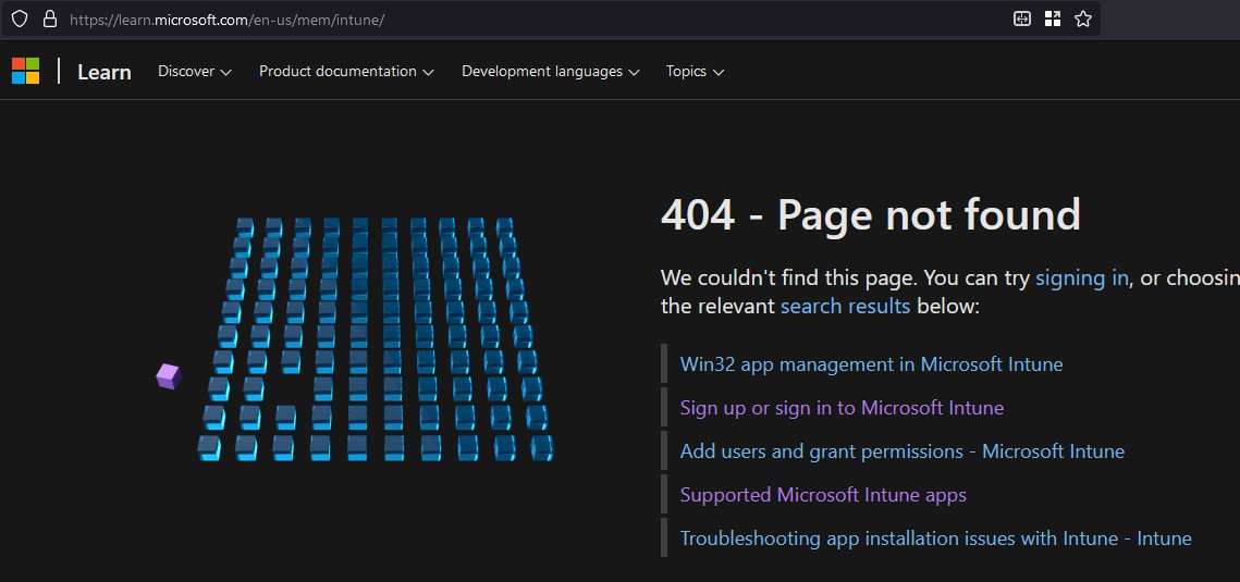 betalyte's tweet photo. @IntuneSuppTeam 
Seems like the whole Intune Learn section is down: https://t.co/bpxIK5qfqZ