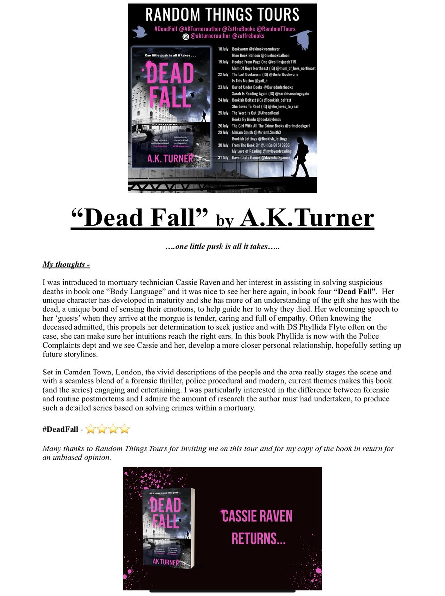 MiriamLSmith3's tweet image. It’s my turn on the blog tour for @AKTurnerauthor’s #Deadfall - book 4 in the mortuary technician #CassieRaven series, read my thoughts and more below 

#AMothersMusingsSunderland @RandomTTours #AKTurner #PhyllidaFyte #CamdenTown #London #AMakemMothersMusings #ForensicThriller