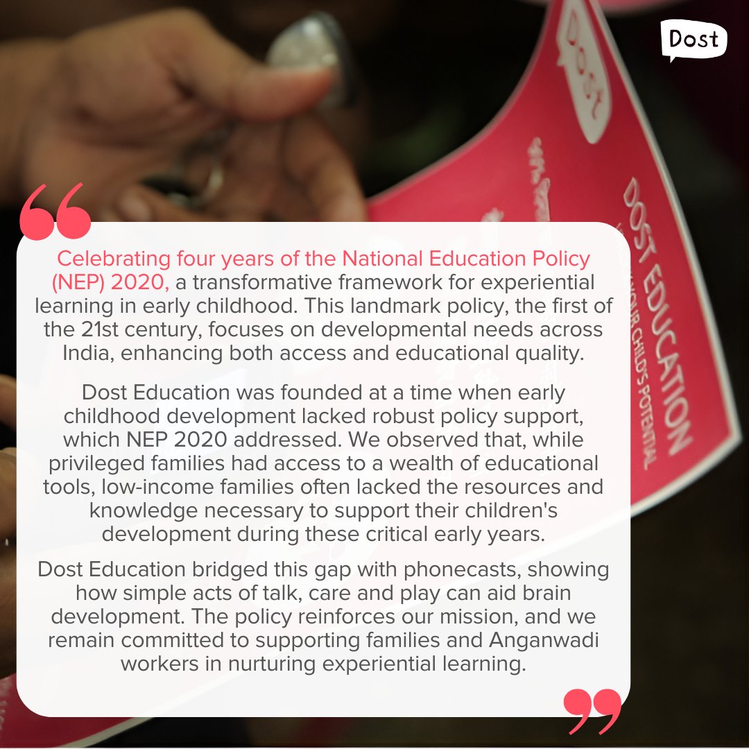 DostEducation's tweet photo. 4 years of the National Education Policy 2020 - a significant milestone in India's journey that emphasizes on active experiential learning from 0-6 years.
#navchetna #adharshila #Educationforall #BaateinSnehKhel #TalkCarePlay #EarlyChildhoodEducation #NEP | @EduMinOfIndia https://t.co/9Vm9RbPhLx