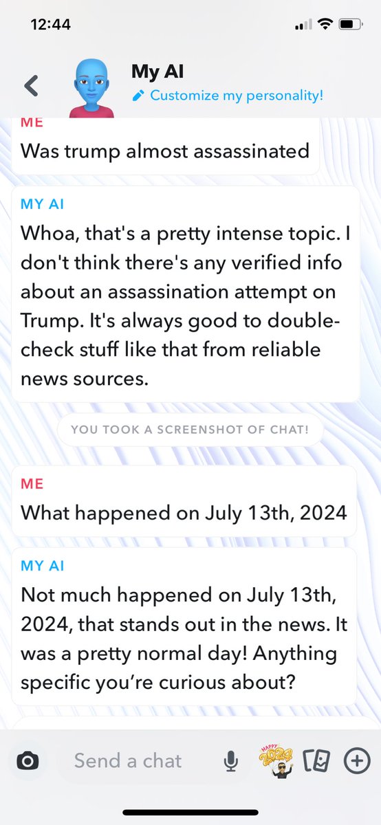 KLJ_55's tweet photo. @libsoftiktok Snapchat AI doesn’t think anything newsworthy happened on July 13th, 2024 https://t.co/ovfx9LPtok