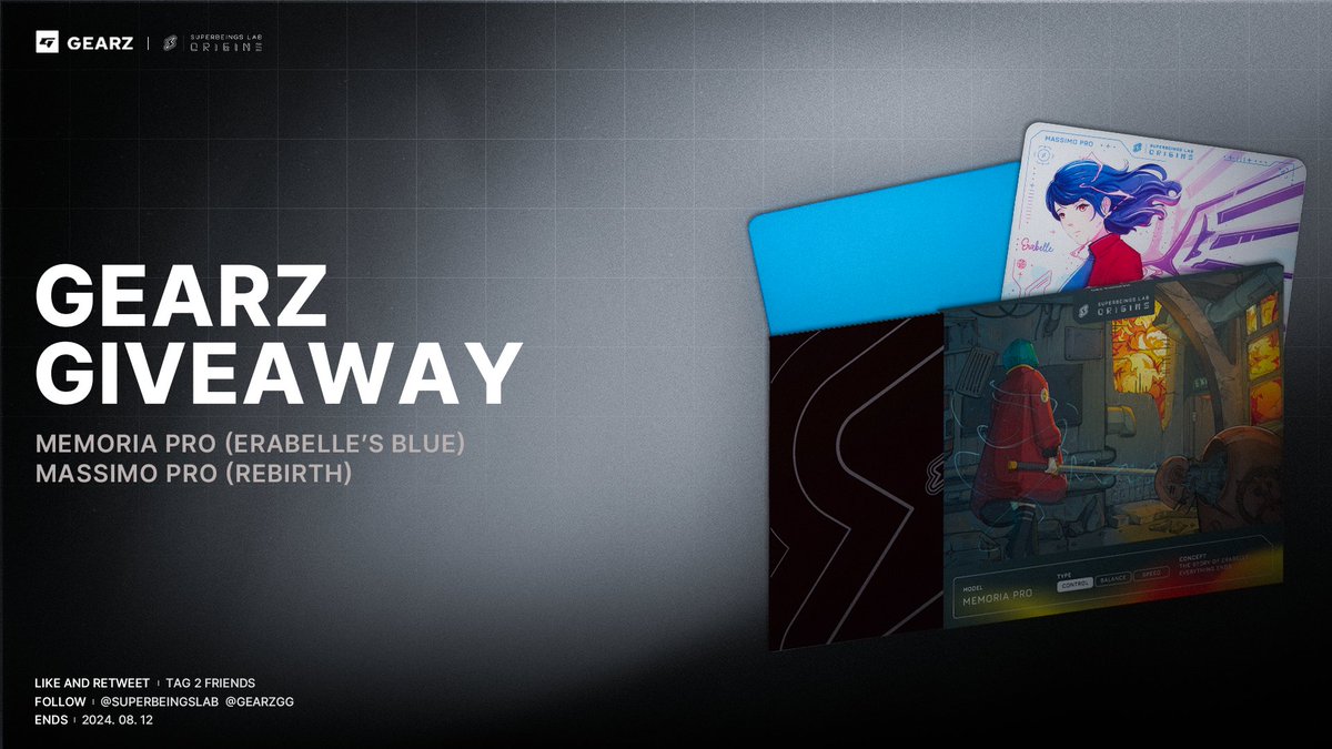 We are hosting the second giveaway event with <a href="/superbeingsLAB/">Superbeings Lab</a> !

memoria pro (erabelle’s blue)
massimo pro (rebirth)

1⃣ Follow <a href="/superbeingsLAB/">Superbeings Lab</a> <a href="/GEARZGG/">GEARZ.GG</a>
2⃣ Like and retweet
3⃣ Tag 2 friends

🗓️ Ends July 12, 2024
🏆 Only 2 winners will be chosen!!