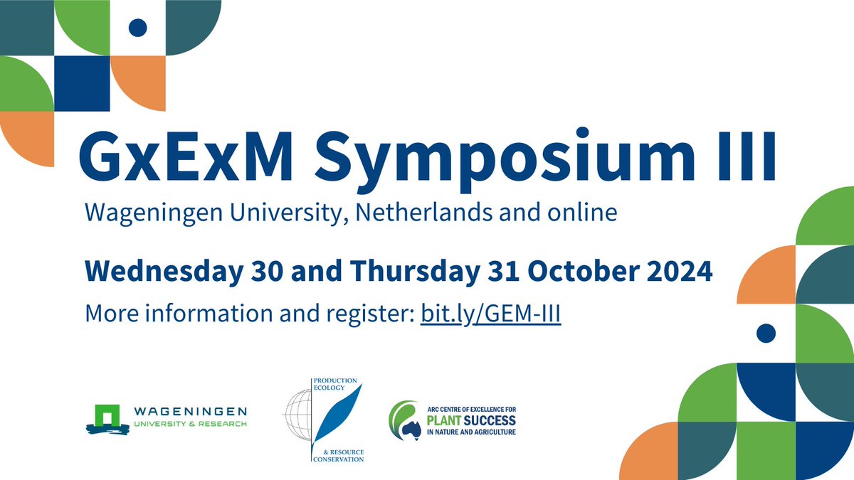 The Genotype by Environment by Management (GxExM) Symposium III will offer a worldwide podium to share understanding and approaches for predicting crop performance🌱

Join us at Wageningen University or online on Wednesday 30 and Thursday 31 October 2024: bit.ly/GEM-III