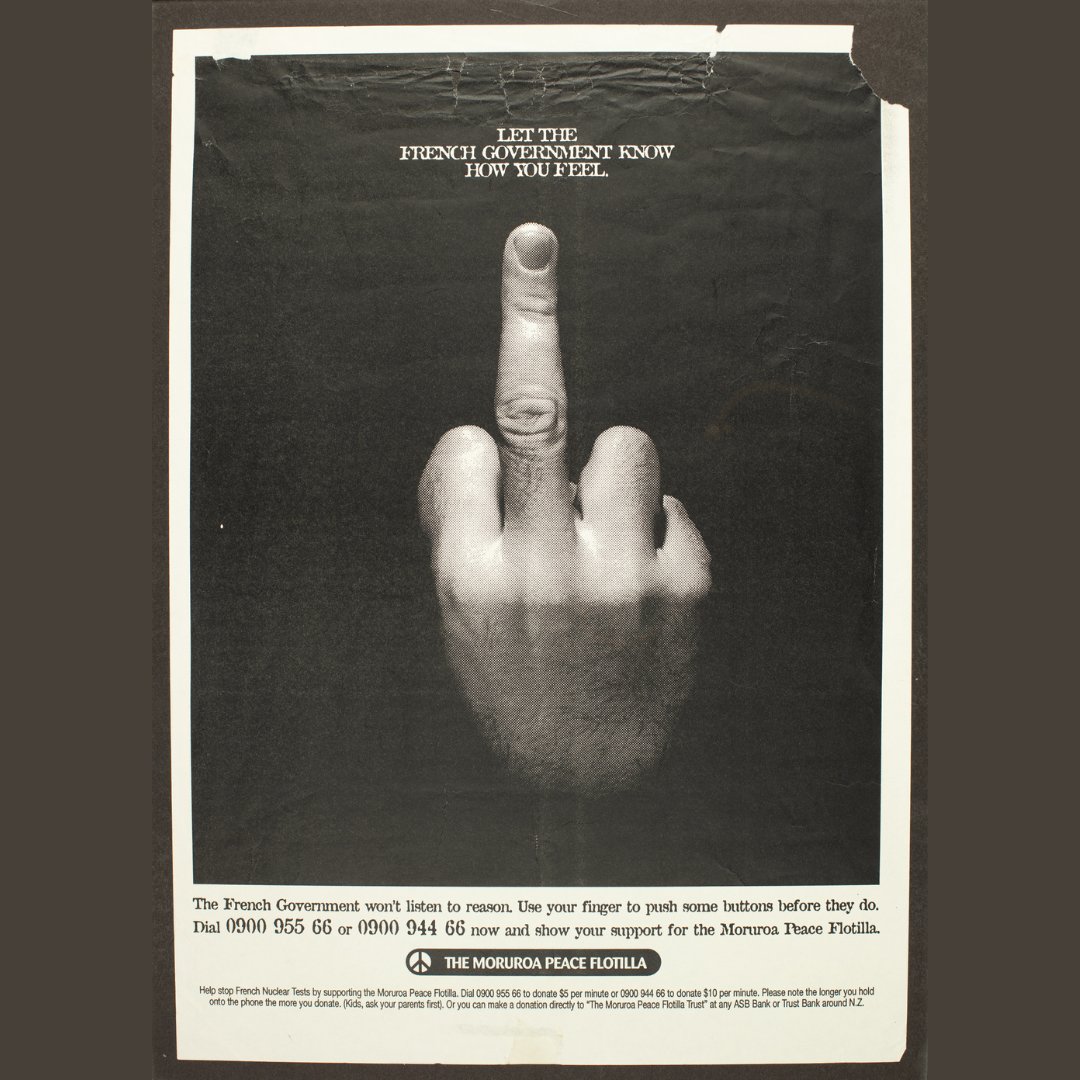 nz_maritime's tweet photo. In 1995, posters supported a flotilla heading to Moruroa atoll for a nuclear disarmament campaign. Resistance to nuclear colonization began in the 1950s.
NZMM 1995.92.10 &amp; NZMM 1995.92.9 #NZMaritimeMuseum #RainbowWarrior #ProtestPoster https://t.co/VkJFwZXklm