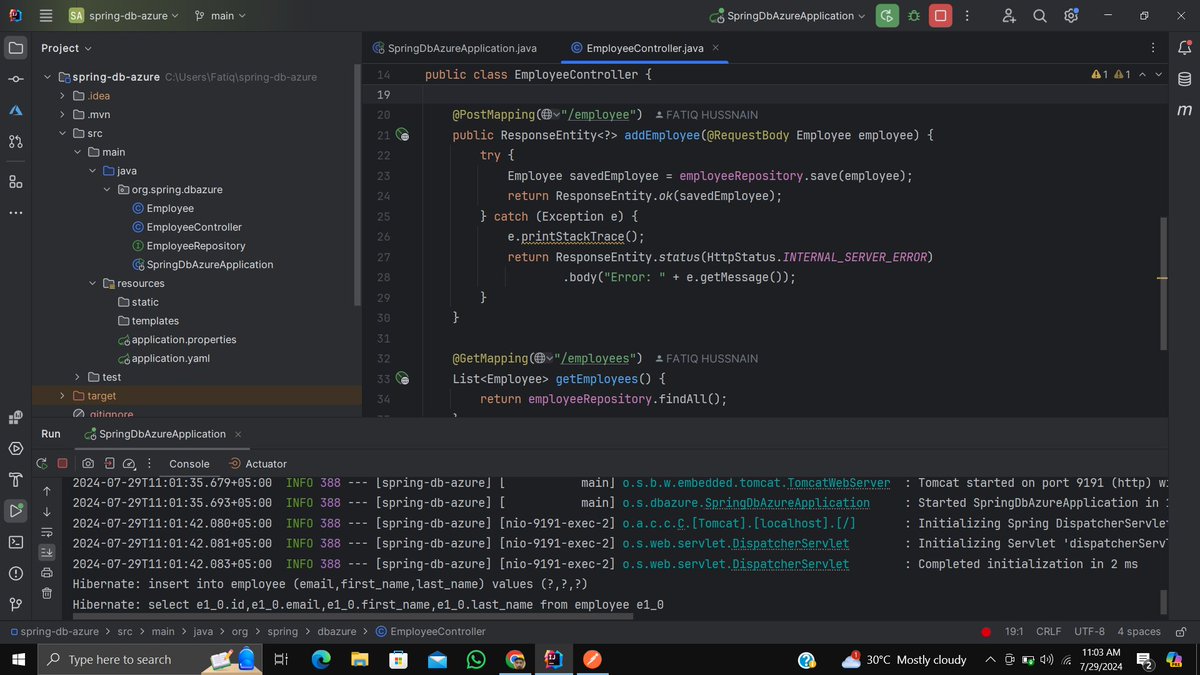 fatiq_hussnain's tweet image. I just deployed Spring Boot Restful Api on Azure App Service along with Azure SQL Database. You just add new employee info then it directly reflect on Azure SQL Database. Azure App Service uses CI/CD for any changes in my GitHub Repository.
#Azure #MicrosoftAzure #springmvc #API