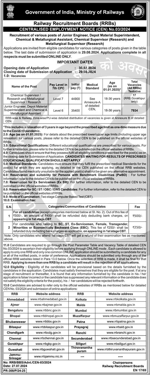 Employ_News's tweet photo. 🚆✨ Railway Recruitment Boards, Centralised Employment Notice! 🚄💼 

Over 7,000 Level 6 &amp; 7 vacancies available. 

Apply by 29 Aug 2024 and get on track to a new career! 
🕒📅 #RailwayJobs #RRB #CareerOpportunity #ApplyNow #SarkariNaukri #GovtJobs #RozgarMela https://t.co/RuBLXfJ2kk
