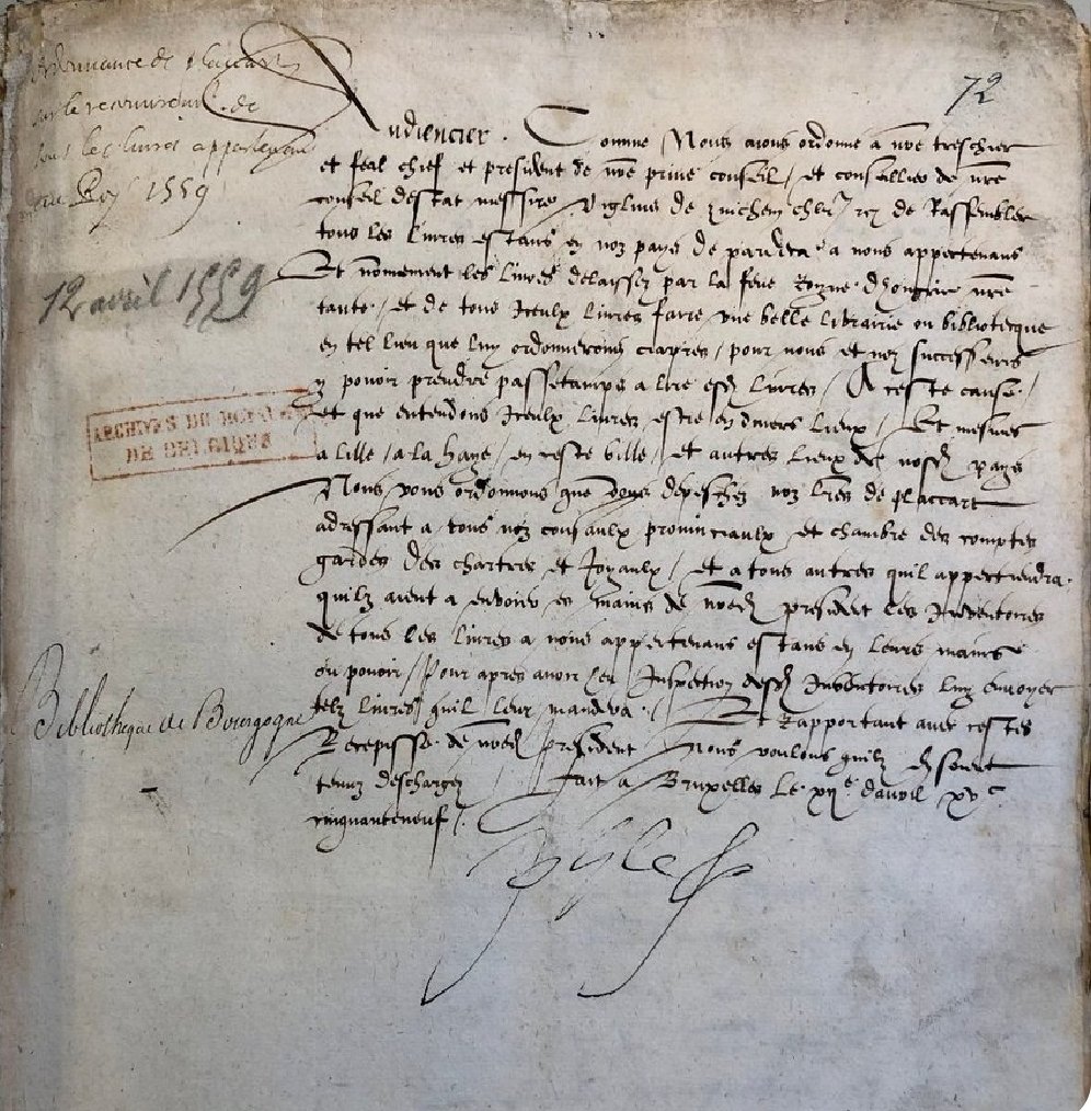 DM_Vincenzo's tweet photo. The foundation act of the Royal Library of Brussels. Signed by King Philip II in 1559 who decreed the countless manuscripts gathered by his predecessors should be centralised at the Coudenberg Palace in Brussels. The collection is still one of the finest in Europe. https://t.co/SrV8YbFOyG