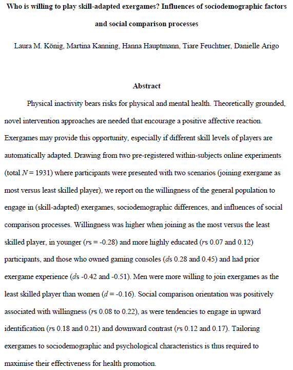 New preprint: Competitive exergames appeal more to individuals that like comparing themselves to others. Digitally adjusting the skill levels is seen as both fair and motivating and so a potential avenue to promote physical activity via games. #DigitalHealth
Link in 🧵