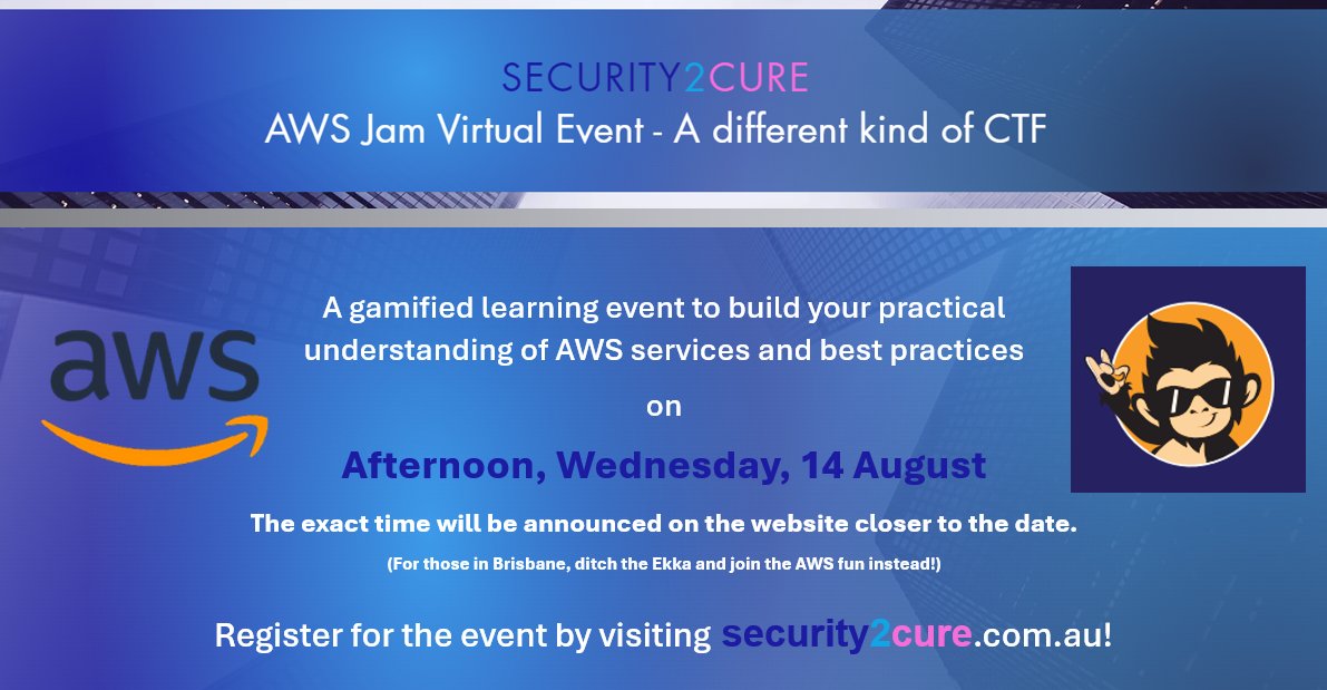 security2cure's tweet image. We are excited to share an upcoming opportunity! Join us for the AWS Jam Virtual Event, a CTF blue team style event held within the AWS environment. This event will take place in the afternoon of Wednesday, 14 August. There is no cost to get involved!