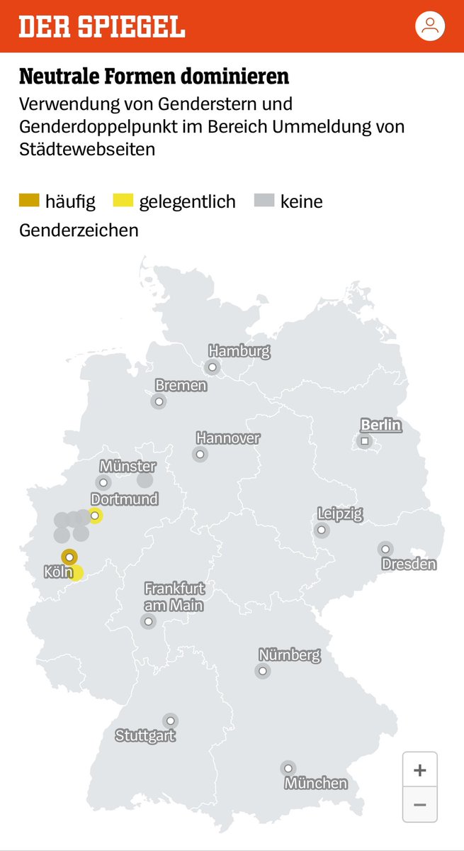 „Gender-Wahn“ - ganz schlimme Sache, wie der SPIEGEL statistisch untersucht hat.
Genderzeichen (Sternchen, Doppelpunkt etc.) kommen in deutschen Medien (außer der taz) und in der Verwaltung praktisch nicht vor.
spiegel.de/panorama/gende…