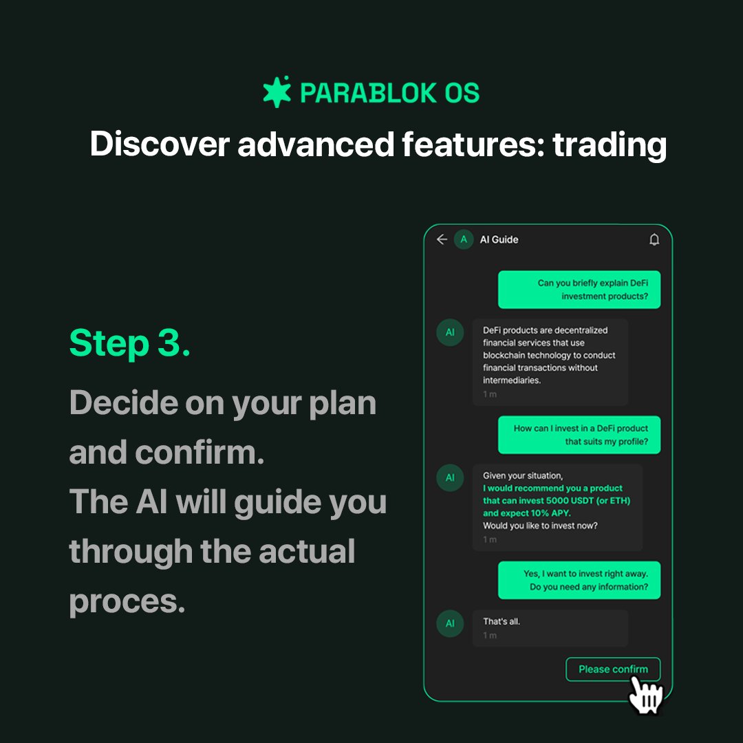 ParablokOS's tweet photo. Discover the advanced #trading features of #Parablok, your #Web3 Navigation Platform! 🚀

🤖 Elevate your trading experience with personalized #AI guidance.

📊 Receive tailored investment recommendations based on your unique profile.

⏱ Save time and effort as our AI handles the actual processes for you.

See how trading is simplified just for you⬇️
