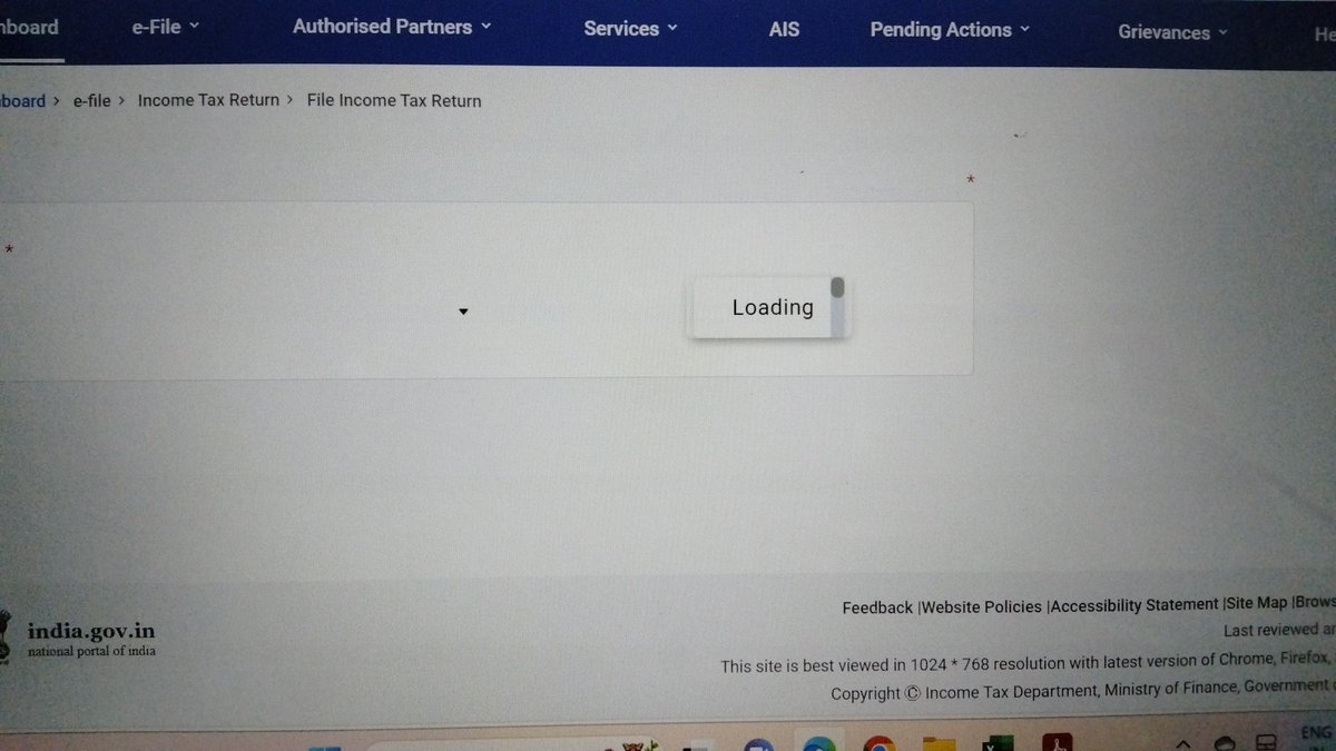 advdeepaksoni01's tweet photo. Incometax portal is running in last movement of own life, just like every year loading loading loading loading loading loading loading.....
@IncomeTaxIndia
@FinMinIndia
#IncomeTaxReturn
#Extend_due_date_immediately
#ExtendITRFilingDueDates https://t.co/gKHQuC8D8E