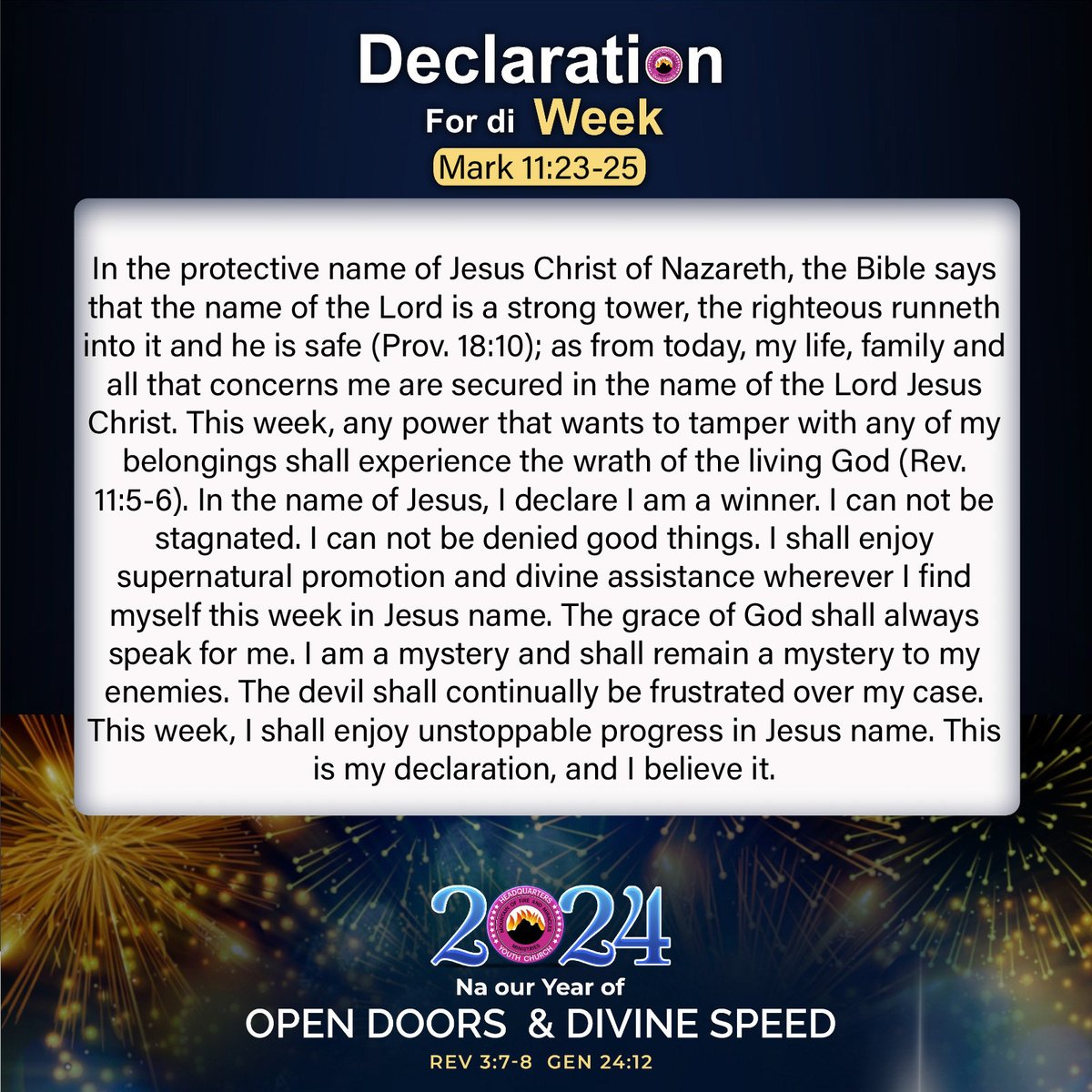 mfmintlhqyouth's tweet photo. Declaration For The Week (28/07 - 03/08) 2024

PLEASE DECLARE THIS EVERY MORNING BEFORE STEPPING OUT OF YOUR HOUSE THIS WEEK

#DeclarationForTheWeek
#MfmIntlHqYouth
#ThePlaceOfHisGreaterGlory https://t.co/zEtLij10Li