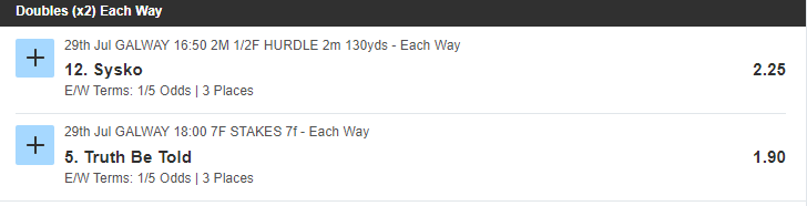 Irish racing at #Galway today 1pt E/W returns 5.76pts