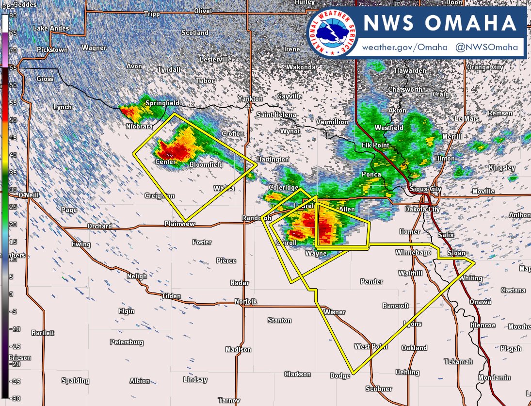NWSOmaha's tweet photo. 1:38 AM | These two storms are holding together, with damaging winds up to 60 mph and up to half-dollar size hail possible.  They will continue to track to the southeast. https://t.co/UYRhb8fYVf
