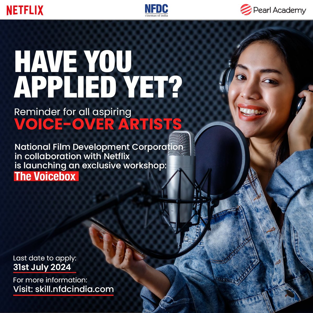 Attention voiceover artists! Elevate your craft &amp; earn industry recognition at the exclusive workshop ''The Voicebox'' hosted by <a href="/NetflixIndia/">Netflix India</a> &amp; NFDC. Preference will be given to women applicants.
Visit skillindia@nfdcindia.com today! 
 
#VoiceOverArtist #Netflix #PearlAcademy