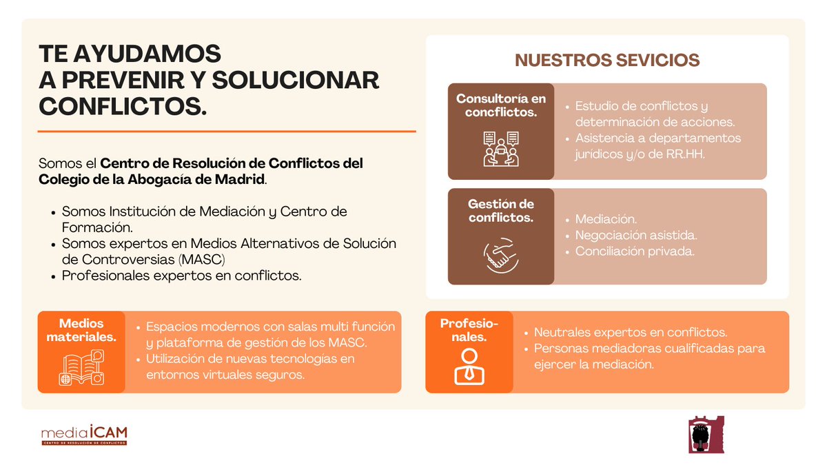 icam_es's tweet photo. 📢 ¿Qué es el servicio de #MediaICAM?
Contacta con nosotros en ⭕mediacion@icam.madrid si estás interesado/a en la mediación, ya seas ciudadano/a o abogado/a. https://t.co/BwRPyiFFNX
