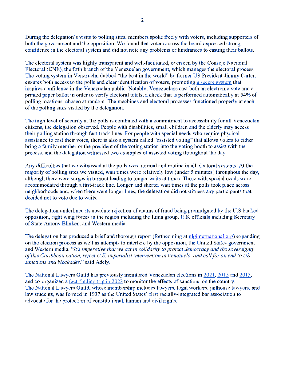 National Lawyers Guild electoral observers praise fairness, transparency of Venezuelan election process; condemn the U.S. backed opposition’s refusal to accept the outcome of democratic election
