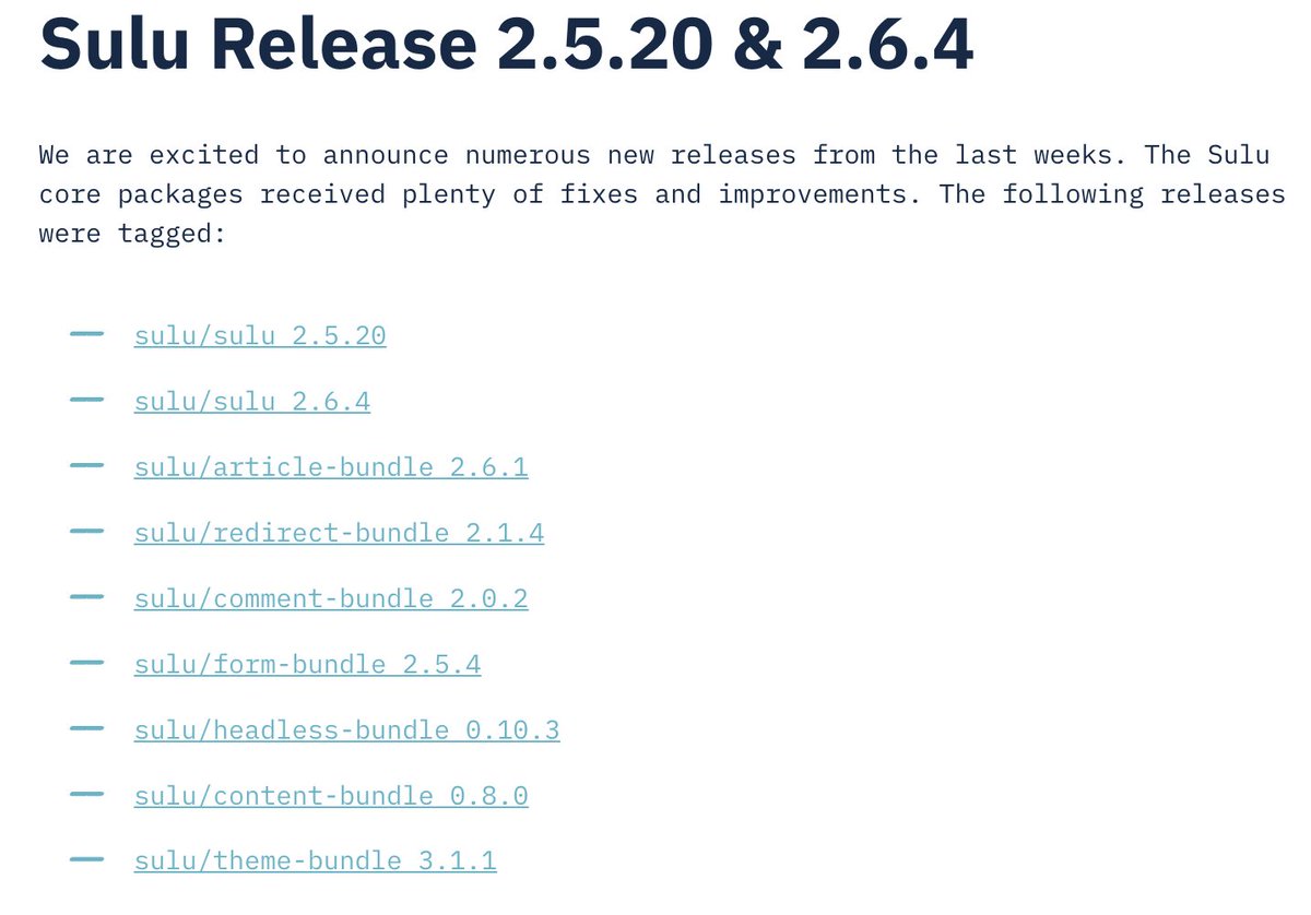 sulu's tweet photo. We're excited to announce Sulu releases 2.5.20 & 2.6.4! Besides performance improvements and fixes, these releases bring Symfony 7 support to the Sulu core and bundles --> https://t.co/fc5Kot7UeI #sulucms #symfony #opensource #symfonydevs https://t.co/98t2LjkEcT