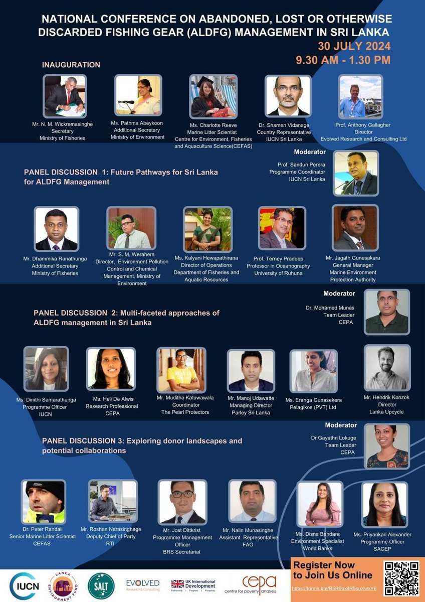 National conference on managing abandoned lost or discarded fishing gear (ALDFG) in Sri Lanka organised by <a href="/IUCN/">IUCN</a> &amp; <a href="/cepaSL/">CEPA</a>

Date: July 30, 2024
Time: 9:30 AM - 1:30 PM

To register, please visit: forms.gle/R5R9oxifR5suXw…