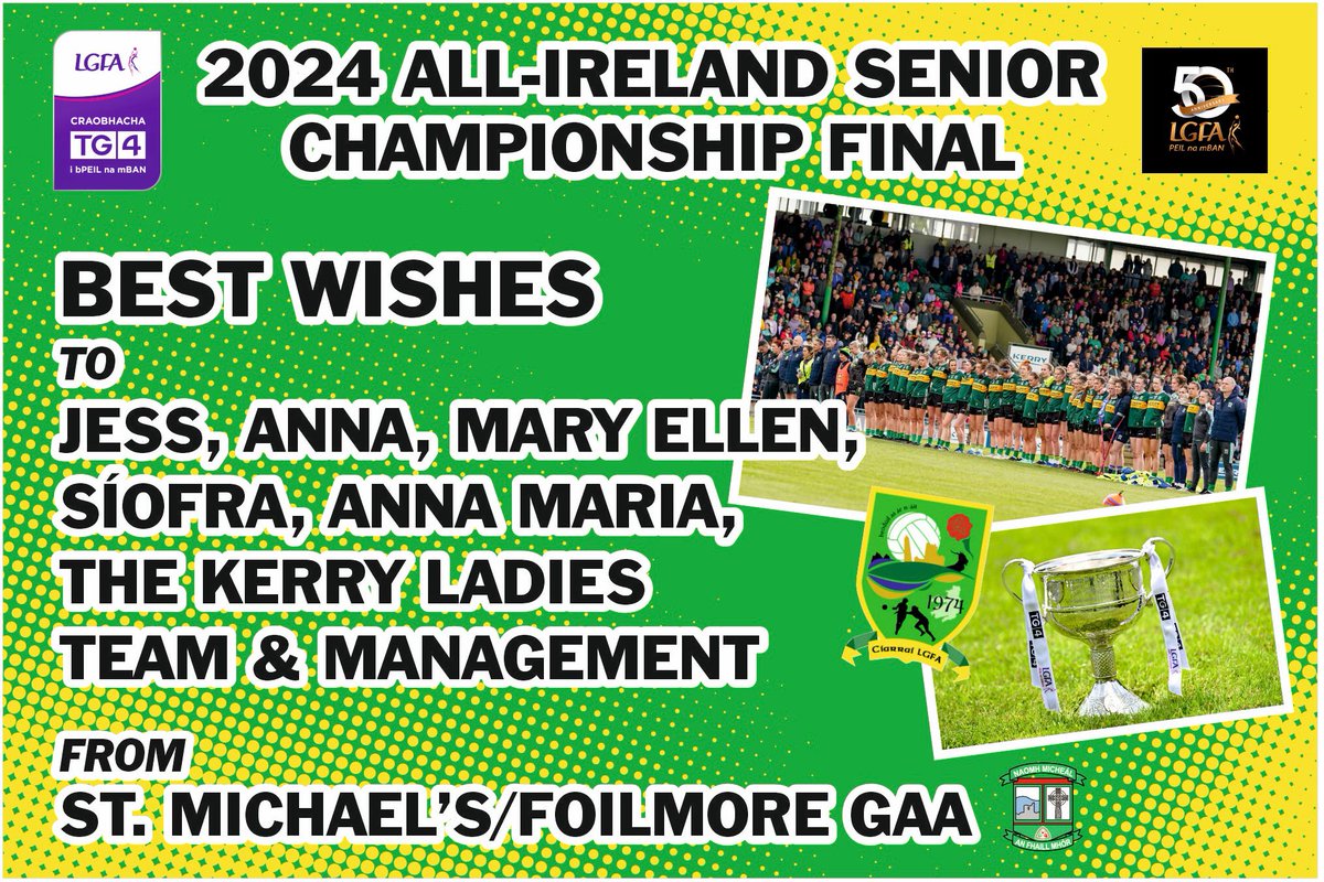 Our best wishes to the Kerry Ladies team and management who play Galway on Sunday 4th August In the All Ireland Senior Championship Final. Good Luck Jess, Anna, Mary Ellen, Síofra &amp; Anna Maria. Ciarraí Abú 💚 💛