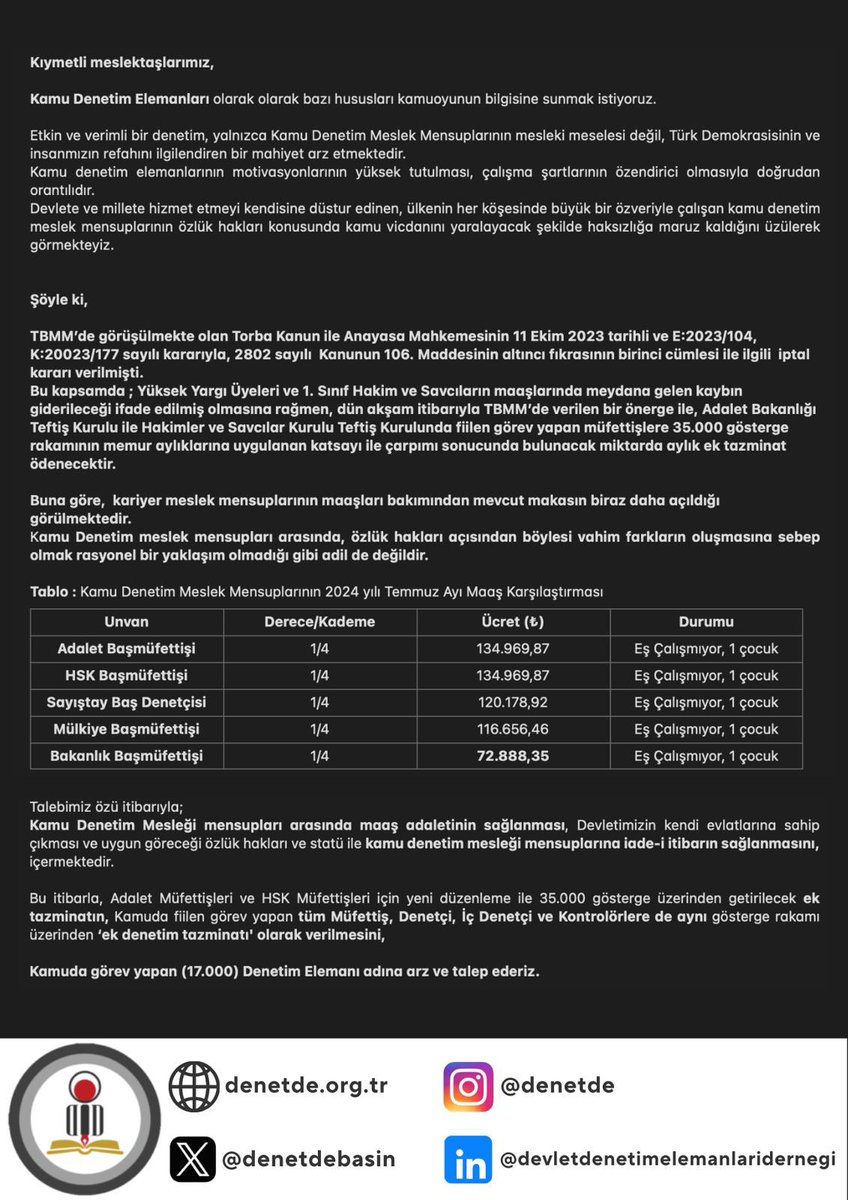 Devlet Denetim Elemanları Derneğinin açıklamasını tüm kamuoyunun dikkatine ve vicdanına sunarız.