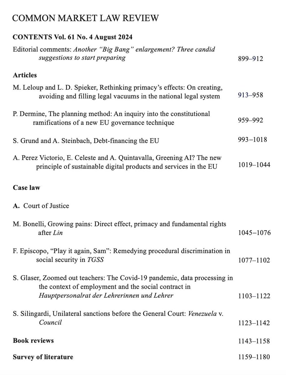 Common Market Law Review (@cmlrev) on Twitter photo The August 2024 issue (Vol. 61 No. 4) of the CML Rev is out!
Ft. @DerminePaul (@ULB) on a new EU governance technique, Alba Pérez Victorio (<a href="/DCU/">Dublin City University</a>), <a href="/EdoCeles/">Edoardo Celeste</a> (<a href="/LawGovDCU/">Law and Gov DCU</a>) and Alberto Quintavalla (<a href="/erasmusuni/">Erasmus University</a> | <a href="/ErasmusESL/">Erasmus School of Law</a>) on greening AI, Francesca Episcopo (<a href="/AdamLawSchool/">Amsterdam Law School</a>) on The August 2024 issue (Vol. 61 No. 4) of the CML Rev is out!
Ft. @DerminePaul (@ULB) on a new EU governance technique, Alba Pérez Victorio (<a href="/DCU/">Dublin City University</a>), <a href="/EdoCeles/">Edoardo Celeste</a> (<a href="/LawGovDCU/">Law and Gov DCU</a>) and Alberto Quintavalla (<a href="/erasmusuni/">Erasmus University</a> | <a href="/ErasmusESL/">Erasmus School of Law</a>) on greening AI, Francesca Episcopo (<a href="/AdamLawSchool/">Amsterdam Law School</a>) on