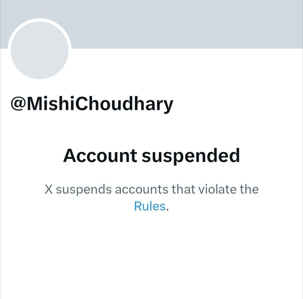 #X #Suspended

<a href="/SFLCin/">SFLC.in</a>'s Founder, <a href="/MishiChoudhary/">MishiChoudhary</a>'s account on <a href="/X/">X</a>  has been suspended. <a href="/X/">X</a> did not give any intimation about the suspension or provide any reasons for suspending the account. Presently, an appeal has been filed through X.

SFLC.in urges