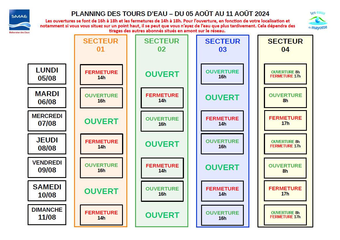 MayotteHebdo's tweet photo. 🔴La Société mahoraise des eaux (#SMAE) a transmis le calendrier des tours d’#eau pour la période du lundi 29 juillet au dimanche 18 août. Du fait du manque de production d’eau potable, les coupures de 26 heures tous les deux jours sont maintenues à #Mayotte. #crisedeleau https://t.co/NcJjjcRbPc