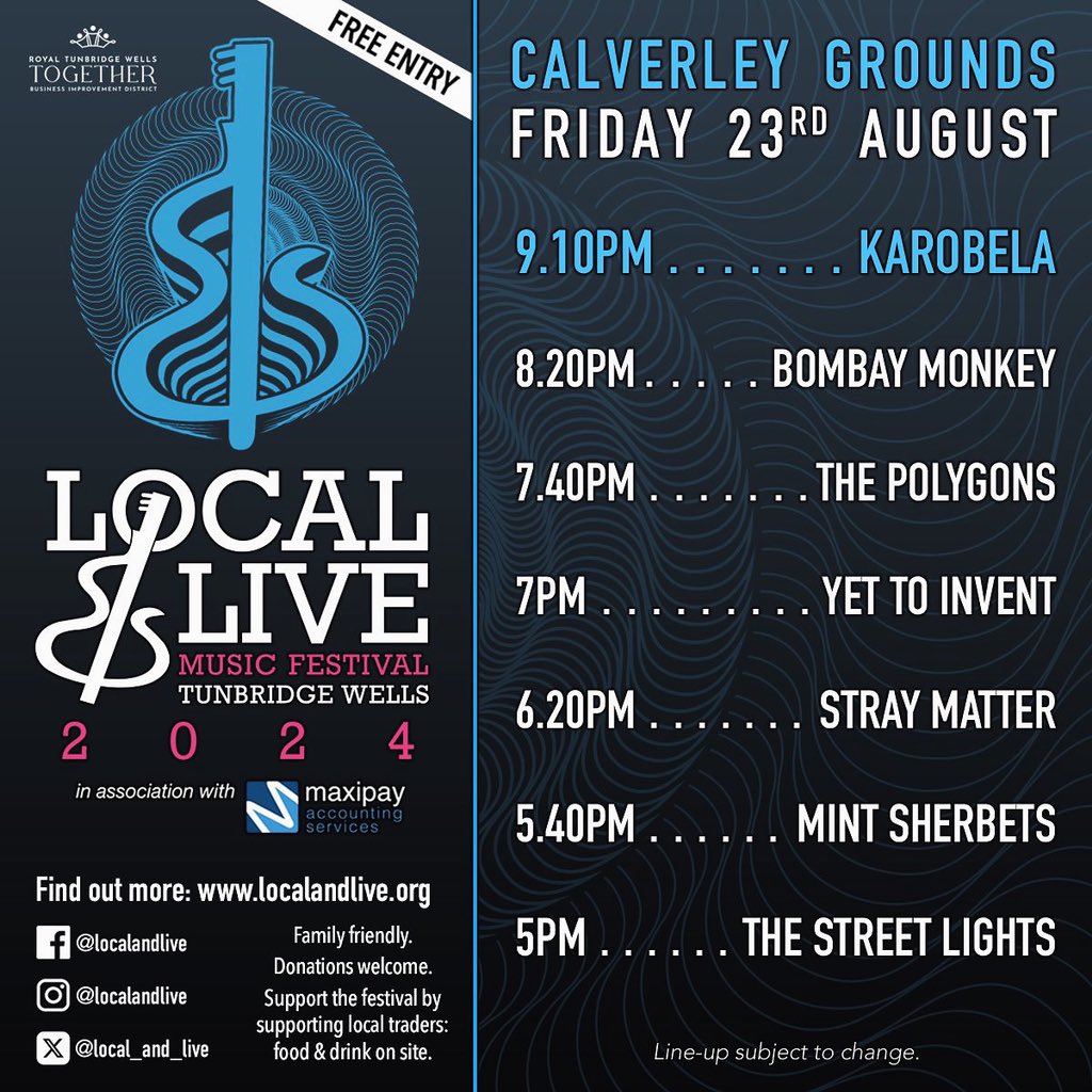 Yet to Invent (@yettoinvent) on Twitter photo We’re buzzing to be playing the <a href="/Local_and_Live/">Local & Live</a> festival in Tunbridge Wells this August bank holiday weekend on Friday 27th at 7pm! The festival is free and takes place all weekend, is family friendly, and is always a great atmosphere. Let’s hope for some sunshine🤞 🌞 We’re buzzing to be playing the <a href="/Local_and_Live/">Local & Live</a> festival in Tunbridge Wells this August bank holiday weekend on Friday 27th at 7pm! The festival is free and takes place all weekend, is family friendly, and is always a great atmosphere. Let’s hope for some sunshine🤞 🌞