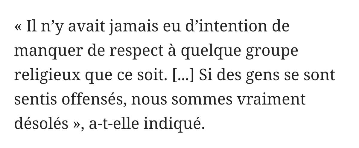 Gelatine2Smecta's tweet photo. @CelineMlavie @babgi @RobertHG_B Il ne s'est pas excusé pour le travail qu'ils ont effectué, ils se sont excusés vis-à-vis des gens qui auraient pu être offensés de la mise en scène.
C'est totalement différent. https://t.co/CJrC6v6lca