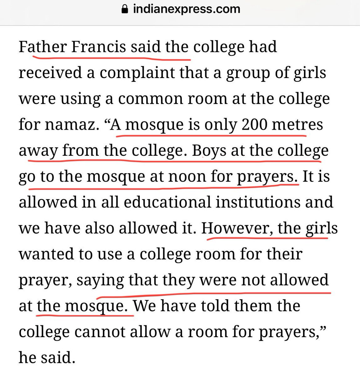 swati_gs's tweet photo. Muslim girls want to do namaz during college time but nearby mosque doesn’t allow women, while it allows male students 

So they ask their Christian college to allot them a room for namaz. They don’t ask the mosque to change rules

When Catholic principal refuses, they gherao him. They don’t gherao the cleric for not allowing them in mosque 

This is so absurd
