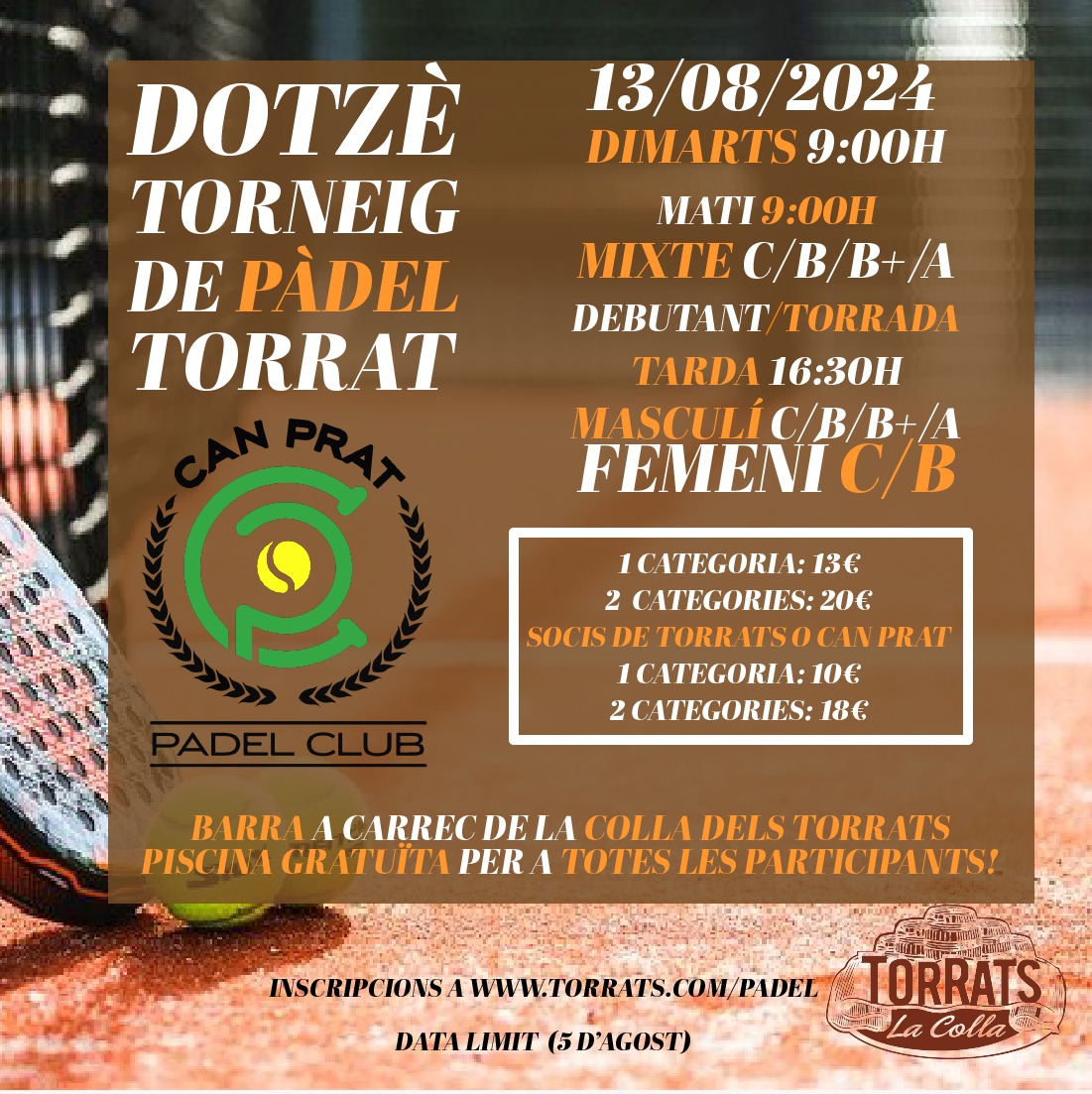 Amb la festa major arriba el nostre esperat torneig de pàdel 🎾

Us podeu inscriure en el següent enllaç: torrats.com/inscripcio-tor…

La piscina serà gratuïta per tots els participants🏊🏼 

També i haurà dinar us pujarem la informació a les històries d'instagram, esteu atentes 🥖🍗🥦