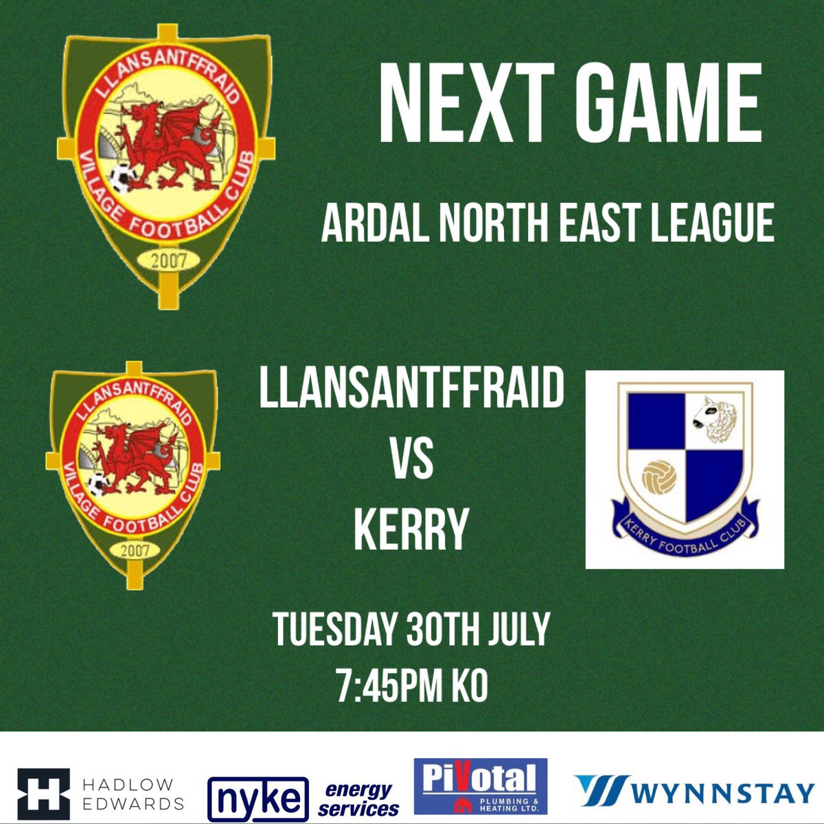 st_ffraidfc's tweet photo. 🟢⚽️ NEXT GAME ⚽️🟢
Llansantffraid vs Kerry
7:45pm KO Tuesday 30th July
Come along and support the lads in the first league game of the season!
@Kerry_LambsFC https://t.co/g9193VBHuP