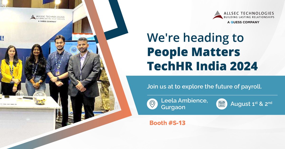 alldigitech's tweet image. We are excited to be at People Matters TechHR India 2024! Join us at Booth #S-13, Leela Ambience, Gurgaon, on Aug 1-2. Discover our innovative payroll and HR tech solutions! #TechHRIndia2024 #AllsecTechnologies