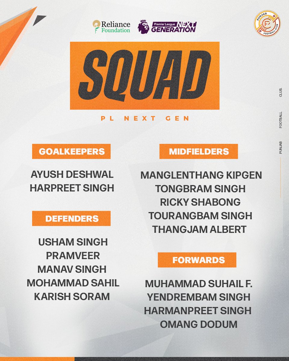 RGPunjabFC's tweet image. 🚨 SQUAD ANNOUNCEMENT 🚨

Introducing #TheShers for the #PLNextGen Cup 2024 in the UK. Onto the big stage boys! 🦁🇬🇧

#PunjabFC #PunjabDaJosh #RelianceFoundation #RFSports #LetsPlay