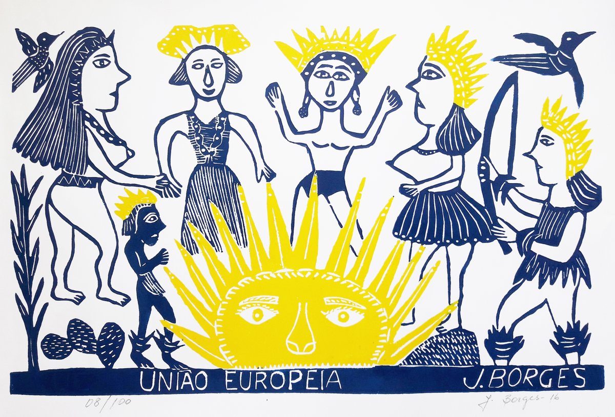 UEnoBrasil's tweet photo. A 🇪🇺 presta homenagem ao xilogravurista, cordelista e poeta #JBorges. Nas cores da 🇪🇺 e nos traços culturais nordestinos, sua arte expressa nossos valores em comum. https://t.co/6GN0Vf5EHj