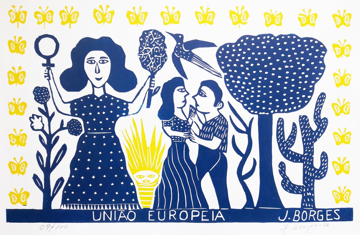 UEnoBrasil's tweet photo. A 🇪🇺 presta homenagem ao xilogravurista, cordelista e poeta #JBorges. Nas cores da 🇪🇺 e nos traços culturais nordestinos, sua arte expressa nossos valores em comum. https://t.co/6GN0Vf5EHj