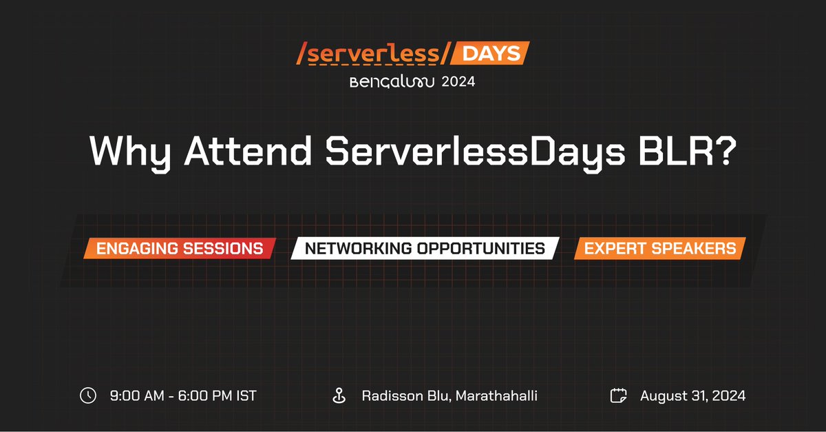 SlsdaysBlr's tweet photo. Why attend #ServerlessDaysBLR2024?

🟠Hands-on experience 
🟠Learn from industry leaders 
🟠Network with global enthusiasts

📅 Aug 31, 2024
 ⏰  9 AM - 6 PM IST 
📍Radisson Blu, Marathahalli

Book now 👉 https://t.co/Oo0RtVx4yr

#BangaloreTech #MondayTech #TechEvents https://t.co/yCp5xtHerj
