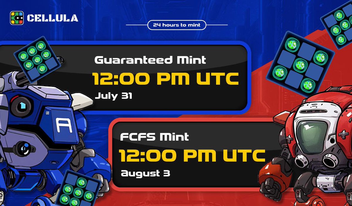 What you’ve all been waiting for…the release date and time for BitCell NFT!

💎 Guaranteed Mint begins on Wednesday, July 31 at 12 PM UTC
👭 FCFS Mint begins on Saturday, August 3 at 12 PM UTC

Mint Price is FREE

🔗 Website: factory.cellula.life/minted
👀 Tutorial:
