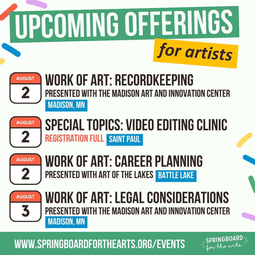 SpringboardArts's tweet image. Upcoming offerings for artists and organizations! 🎉
We still have plenty of virtual and in-person workshops, trainings, and events left this summer! Explore our full calendar of events: springboardforthearts.org/events/