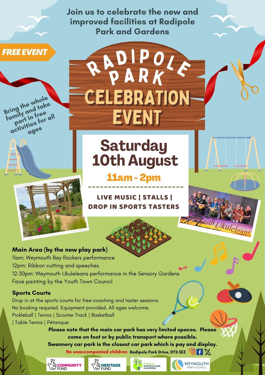 We're inviting residents to Radipole Park and Gardens for a celebration event on Saturday 10th August to mark the official opening 🥳 ✂️ 🎗️ 

To read more visit orlo.uk/XLaVS

#weymouthtowncouncil