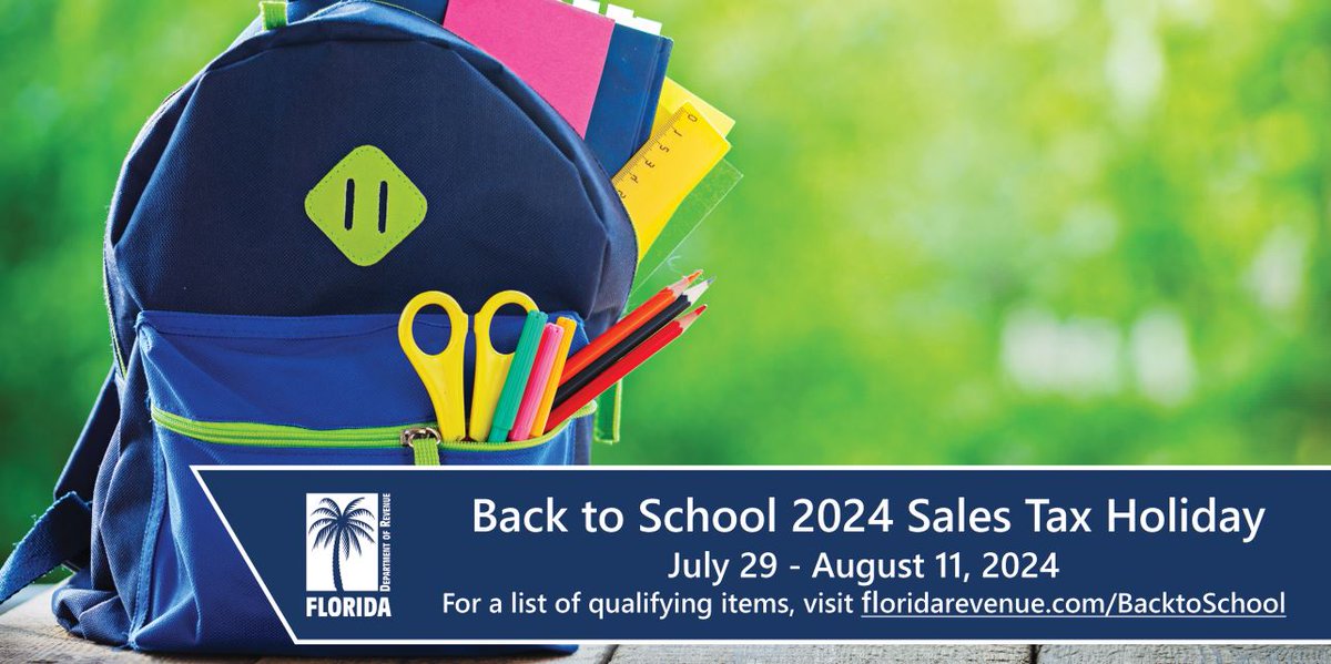 This year's back to school sales tax holiday begins today and runs through August 11! 

For a complete list of what's tax exempt visit floridarevenue.com/backtoschool