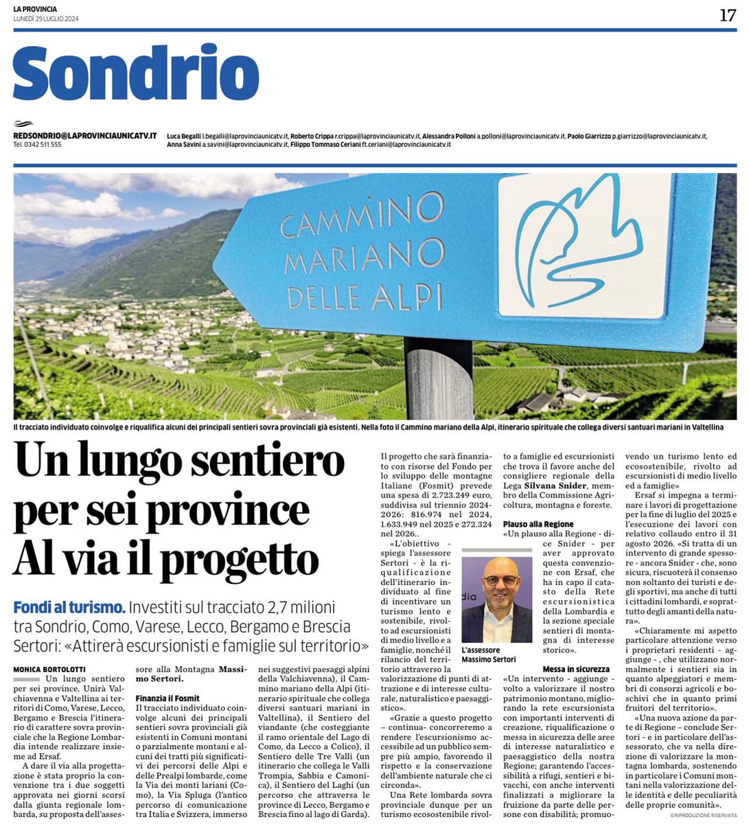MassimoSertori_'s tweet image. 🗞️UN LUNGO #SENTIERO PER SEI PROVINCE LOMBARDE

Investiti 2,7 milioni per attirare #escursionisti e #famiglie sul #territorio, con importanti interventi di valorizzazione e messa in sicurezza di aree di interesse naturale e paesaggistico sulle nostre #montagne.
#regionelombardia