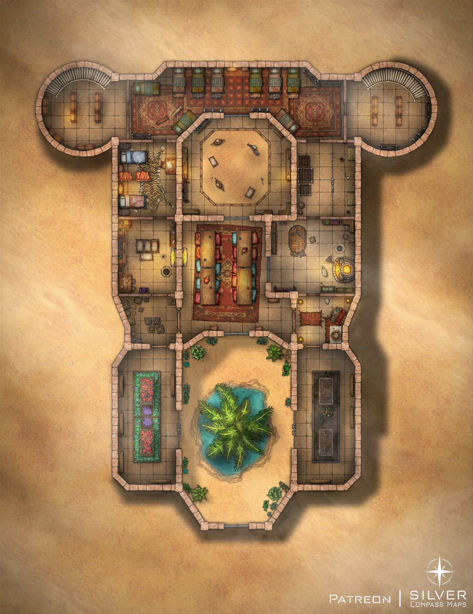 RealSilverMaps's tweet photo. Presenting the Desert Fort!

This map draws inspiration from both Arabic and Indian architecture present in the modern-day Thar Desert of India.

It will be one of 10 battlemaps included in my Ancient India campaign setting. https://t.co/0uiwHLyRWG